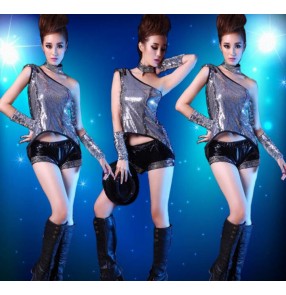Silver sequins black leather patchwork tuxedo tops shorts women's ladies female fashion stage performance singer jazz hip hop dance costumes outfits